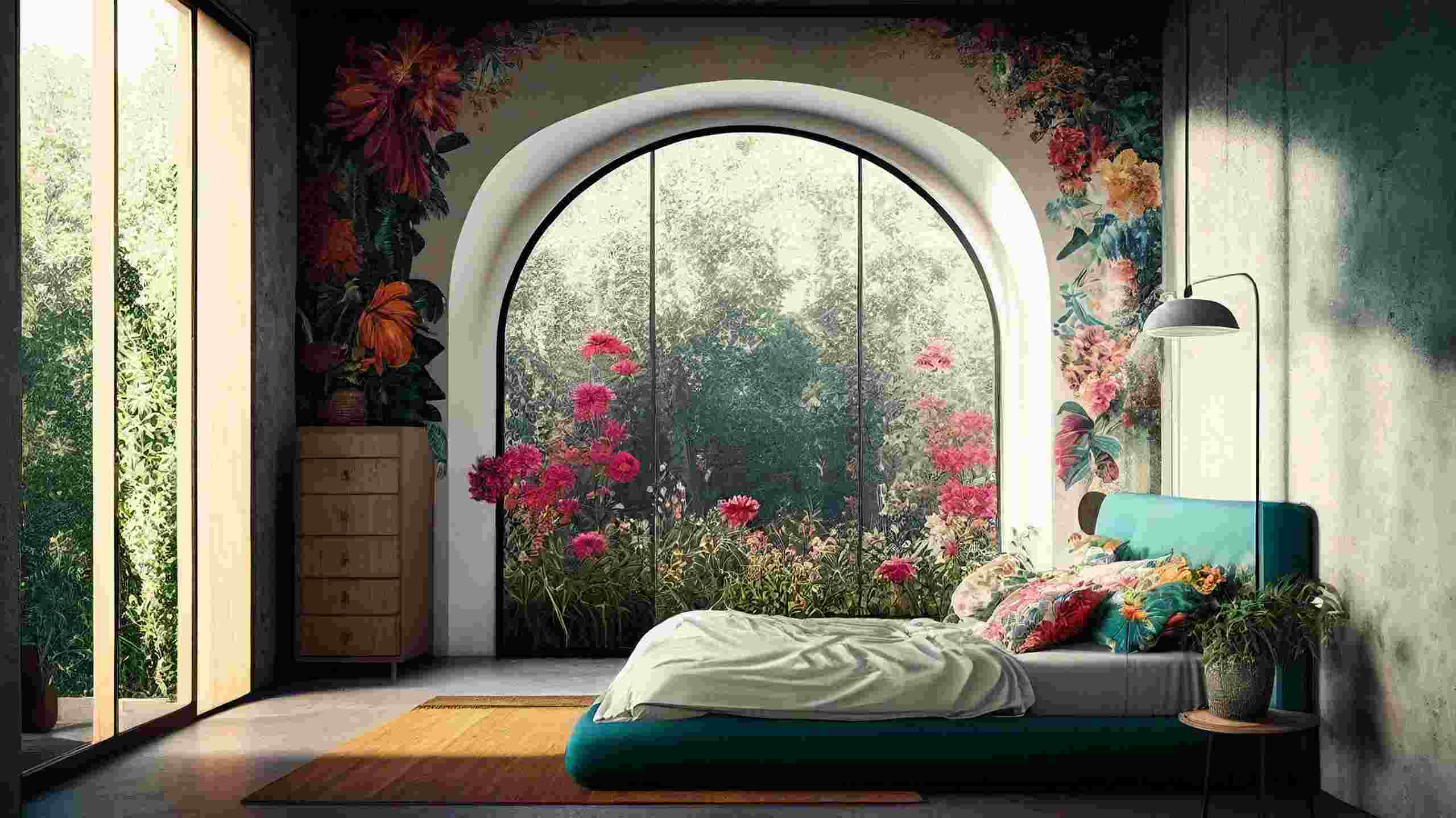 A cosy bedroom with a teal bed, floral bedding, and a large arched window overlooking a lush garden with blooming flowers, surrounded by floral wall art and natural sunlight streaming in.