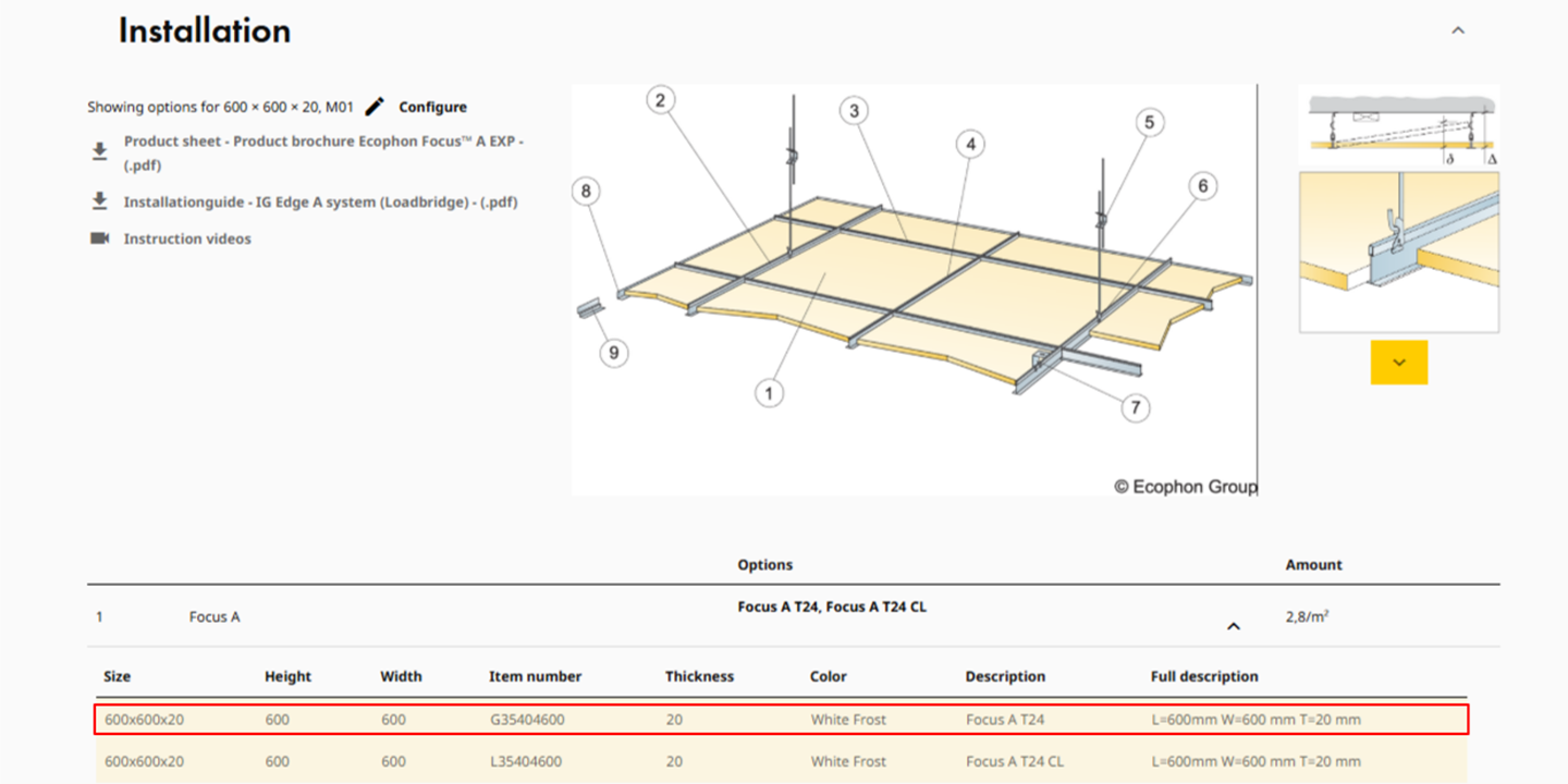 Installation instructions for ceiling panels. The image shows a diagram of panels and brackets with a product specifications table below. The table includes details like size, height, width, item number, thickness, and colour.